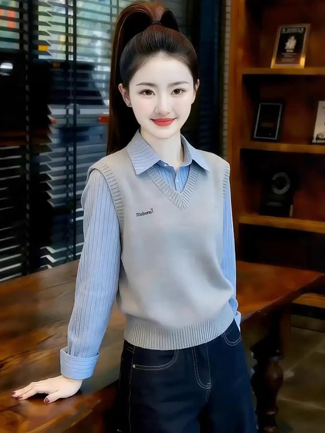 

Trendy Fake Two-Piece Collar Long Sleeve Women's Shirt Spring Autumn Unique Stylish Korean Style Breathable Comfortable