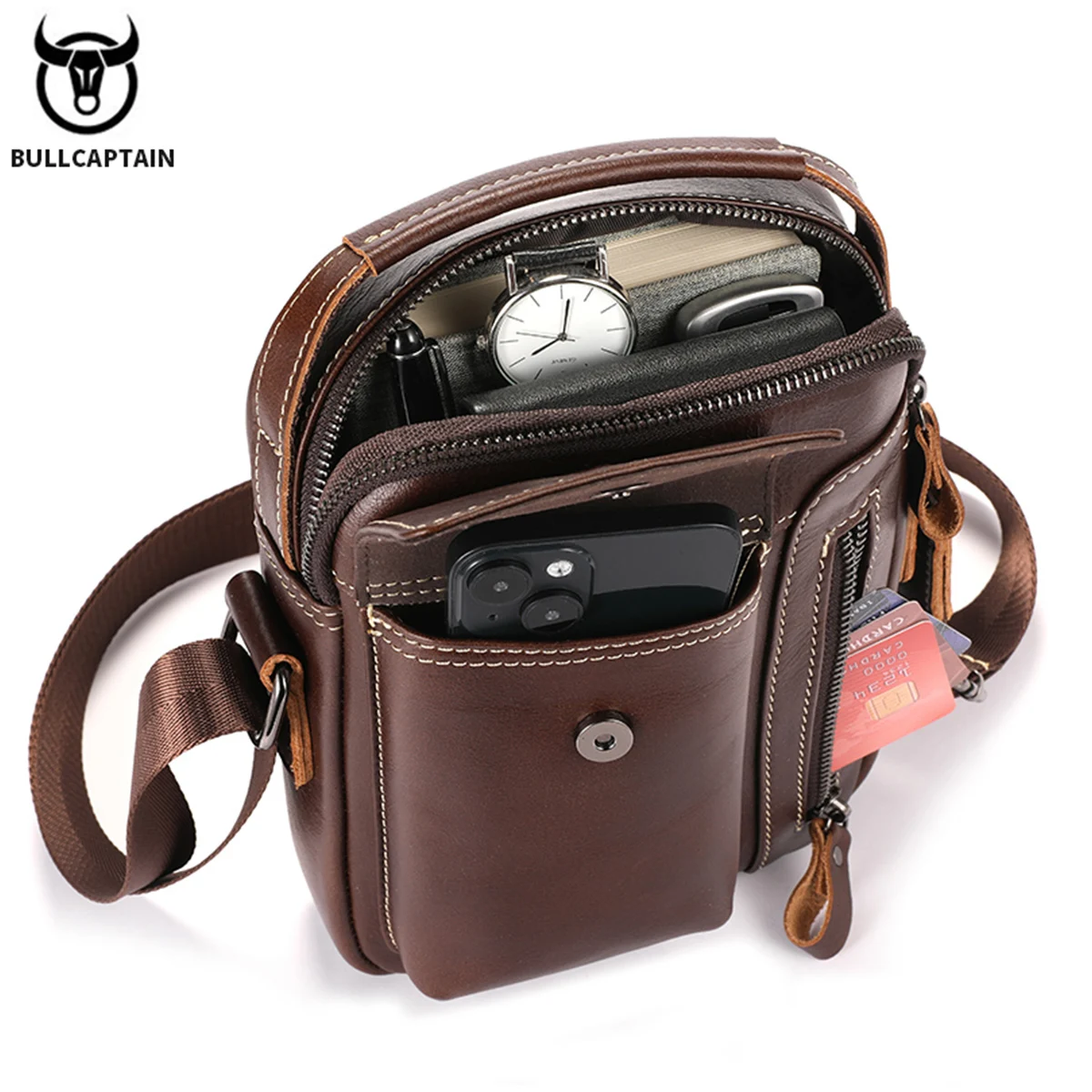 BULLCAPTAIN Casual Fashion Men\'s Messenger Bag\'s Business Portable Handbag Man Leather Shoulder Bag Mobile 6.5\'\' Phone Bags