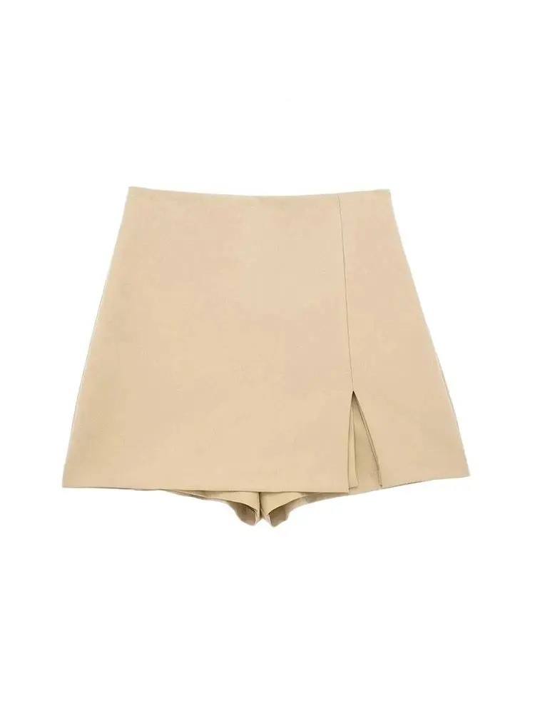 Damskie spódnico-spodenki z rozcięciem z przodu, z bocznym zamkiem, z wysokim stanem, elegancka moda.