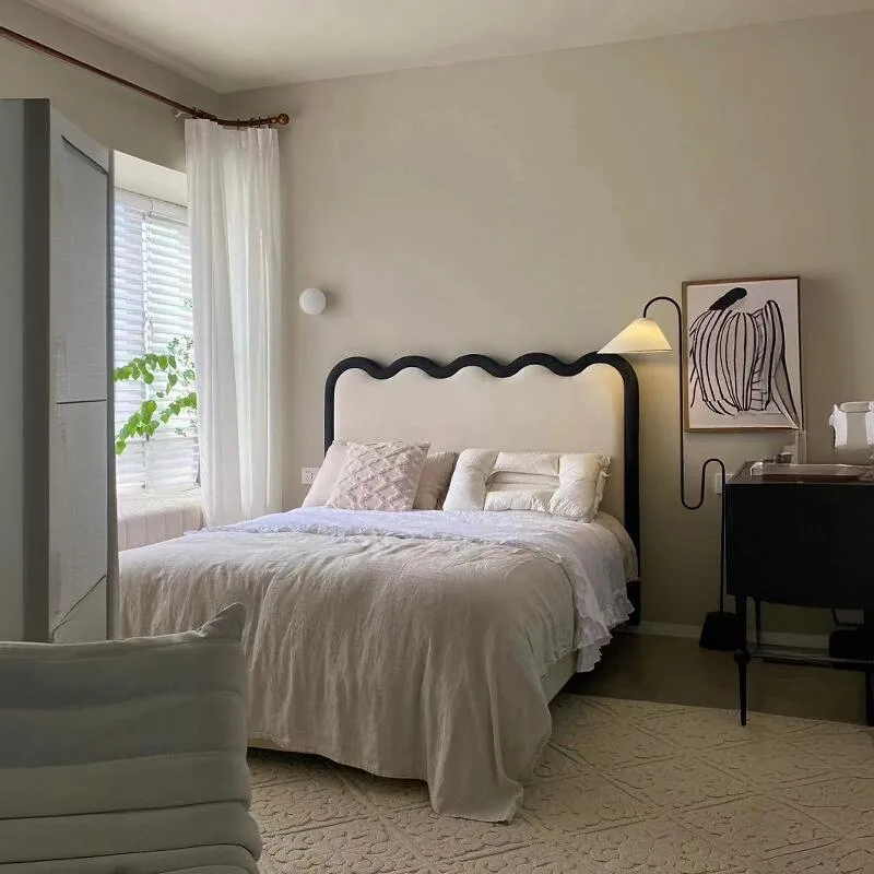 French Cream Wind Ripple Fabric Bed Modern Simple ins Velvet Double Bed Nordic Light Luxury 1.5m 1.8m