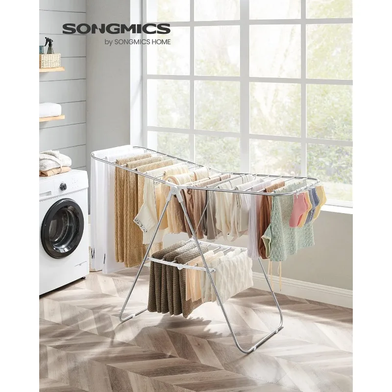 SONGMICS Clothes Drying Rack, with Sock Clips, Metal Laundry Rack, Foldable, Space-Saving, with Height-Adjustable Gullwings