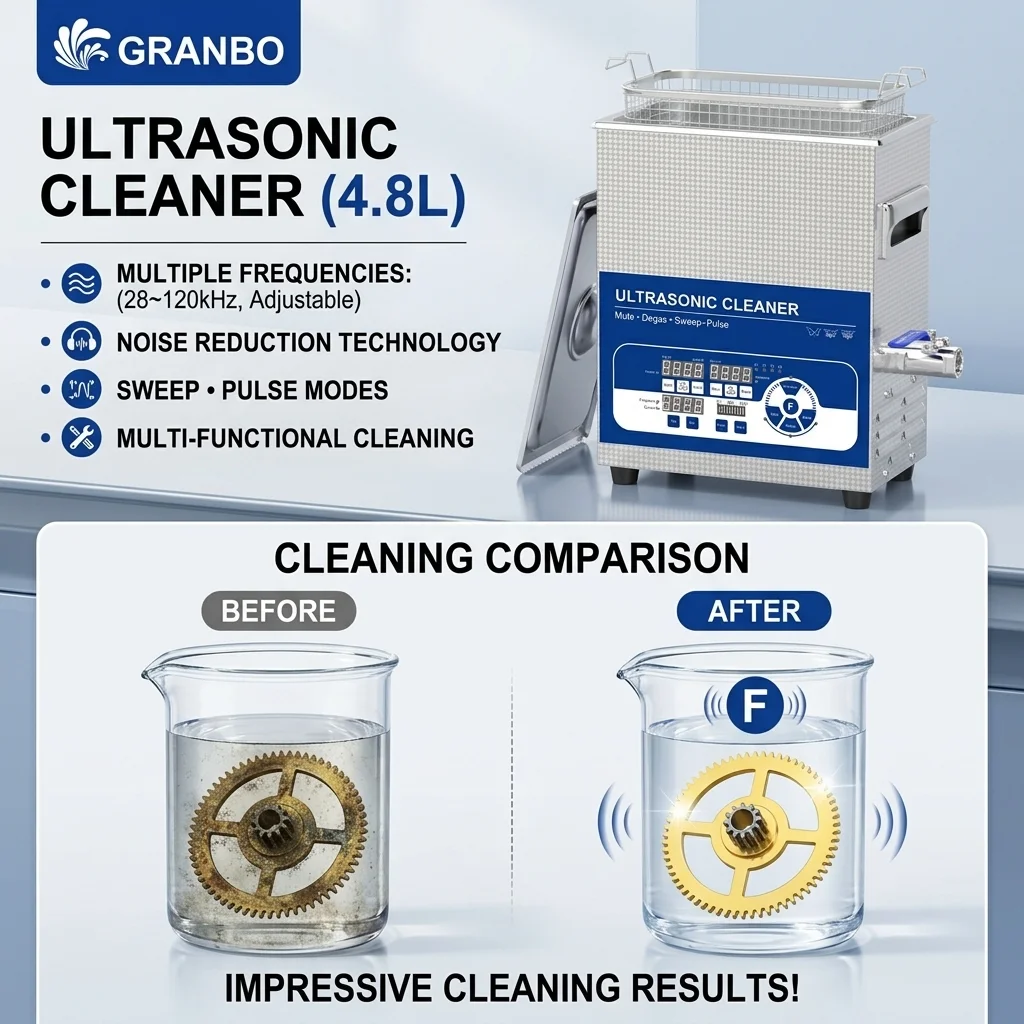 Granbo 4.8L 100W Professional Ultrasonic Cleaning Bath 28/40/68/80/120kHz Adjustable for Laboratory and Chemical Instruments