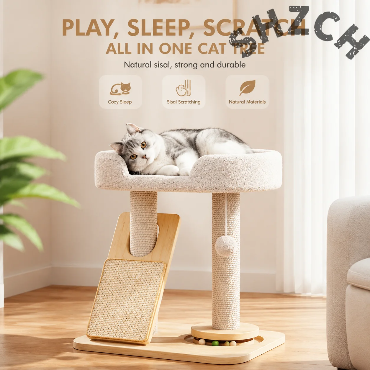Solid Wood Cat Climbing Frame with Sisal Scratching Posts and Cozy Nest – Compact All-Season Indoor Cat Activity Center