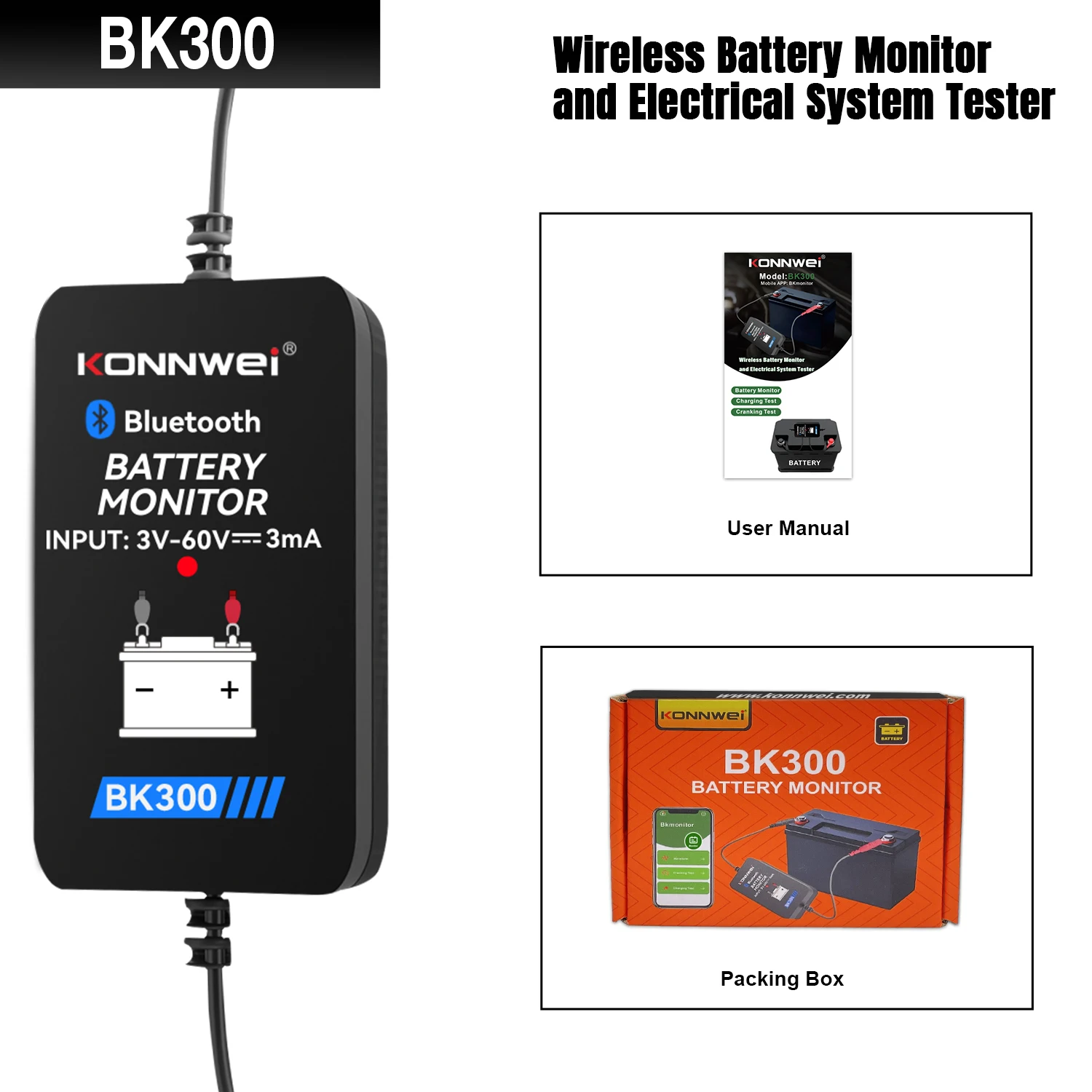 KONNWEI BK300 Bluetooth Battery Monitor 12V 24V Waveform Battery Tester Charging Cranking Test Tool For Ios Android