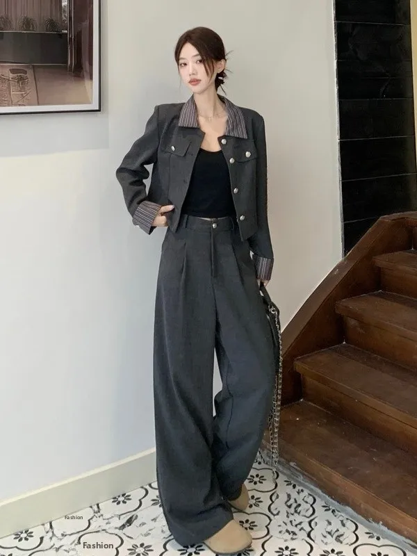 

Женский джинсовый комплект больших размеров: куртка и брюки с высокой талией и широкими штанинами, осенне-зимний модный корейский стиль, свободный крой