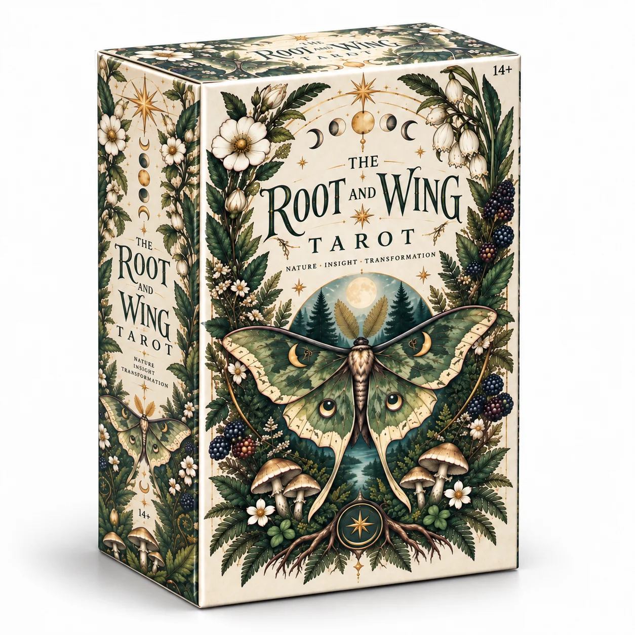 THE ROOT AND WING TAROT Nature Inspired Botanical Tarot Deck with Forest Wildlife Lunar Moth Moon Phases Vintage Art Nouveau Art
