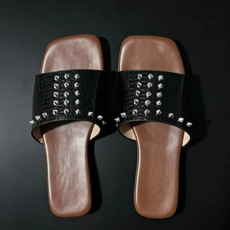 Plus Size Studed Flats Fashion Square Toe Open Toe Super Soft Slippers