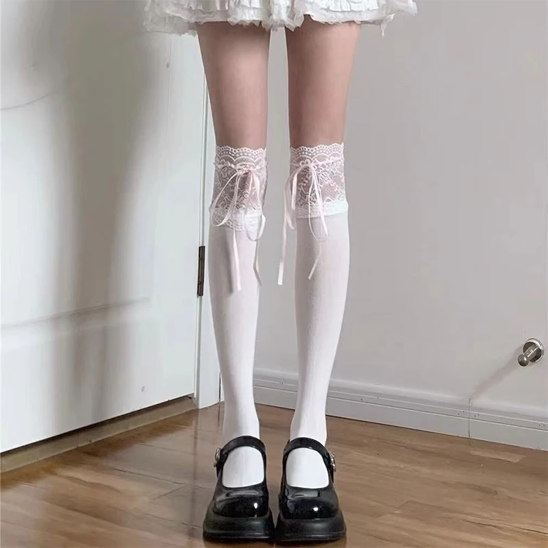 

Ballet Style Women Ribbon Bow Mid Tube Socks Lace Lace Milk White Sweet Girl Pile Socks Sweet Mid Tube Socks