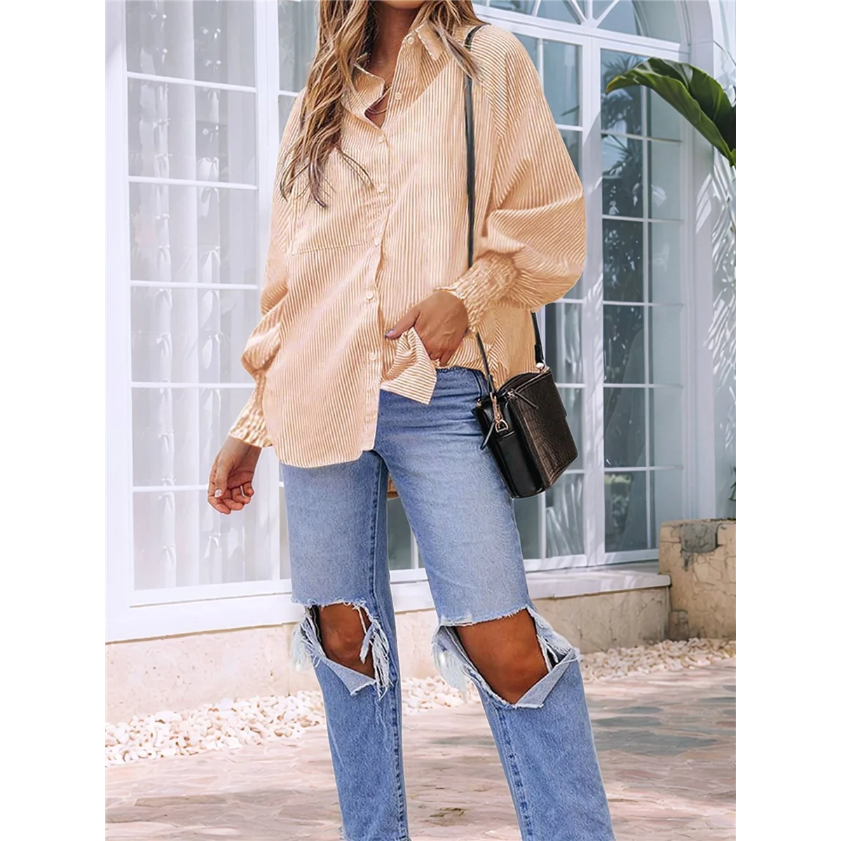 여성용 스트라이프 스모크 커프스 보이프렌드 블라우스 러플 슬리브 캐주얼 튜닉 탑 포켓 포함 옐로우 L