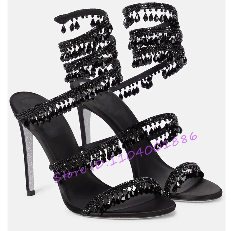 Rhinestone Snake Shape Ankle Strappy Sandals Summer Sexy Open Toe High Heels Crystal Pendant Stiletto Party Wedding Women Shoes