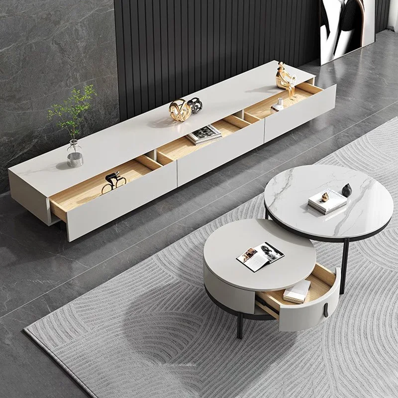 طاولة القهوة الفاخرة الاسكندنافية وحامل التلفزيون مجموعة الحديثة الحد الأدنى قابل للسحب لوحة الصخور المستديرة - أثاث غرفة المعيشة المصممة FYCT