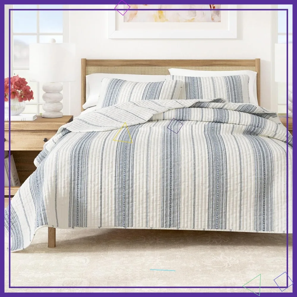 

Striped Quilt Set 3-Piece Full/Queen Farmhouse Bedding Lightweight All-Season Reversible White/Navy