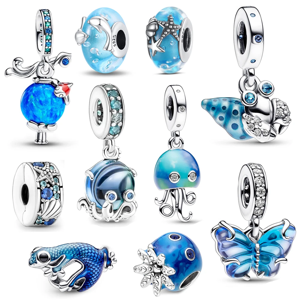 Bracelet à breloques en verre de Murano bleu, argent regardé 925, éléphant, poulpe, tortue, papillon, été, nouveau