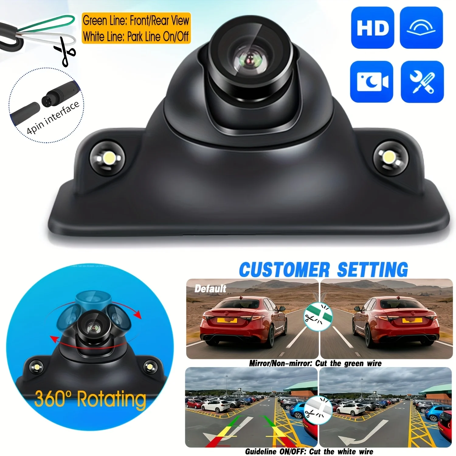 Rückfahrkamera 360 °   Rotierende HD-Nachtsichtkamera mit 2 LED-Parkhilfslinien, einfache Installation, für Autos, LKWs, SUVs, Wohnmobile, Transporter