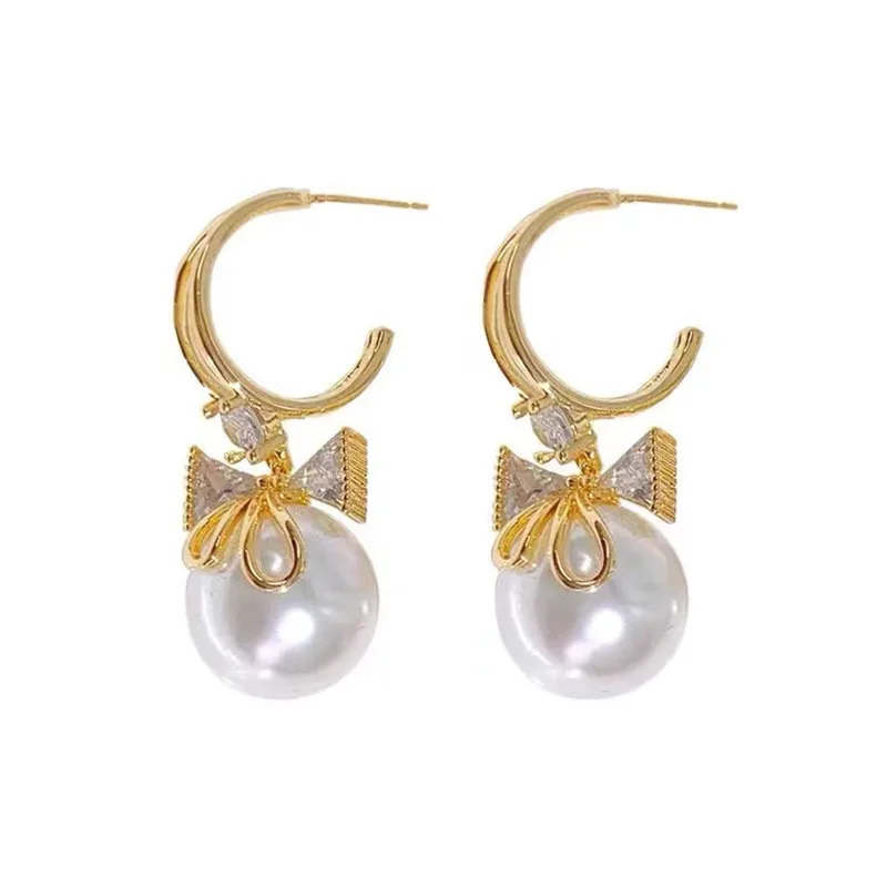 Korean Unique Design Zircon Bow Drop Earrings For Women Exquisite Imitation Pearl Flowers Earring Wedding Personality Jewelry