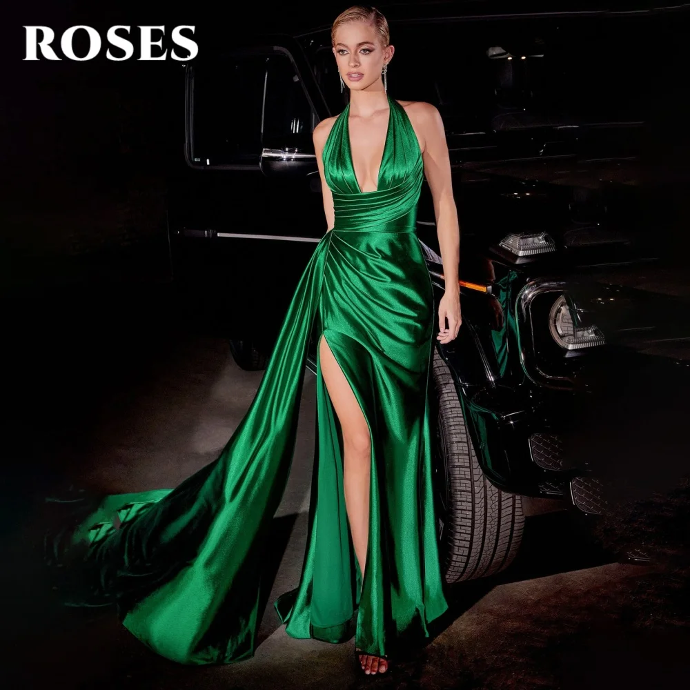 

ROSES Sexy Modern Style Prom Dresses Deep V-Neck Sleeveless Prom Gown Satin Side High Split Formal Gown robe de bal Customized