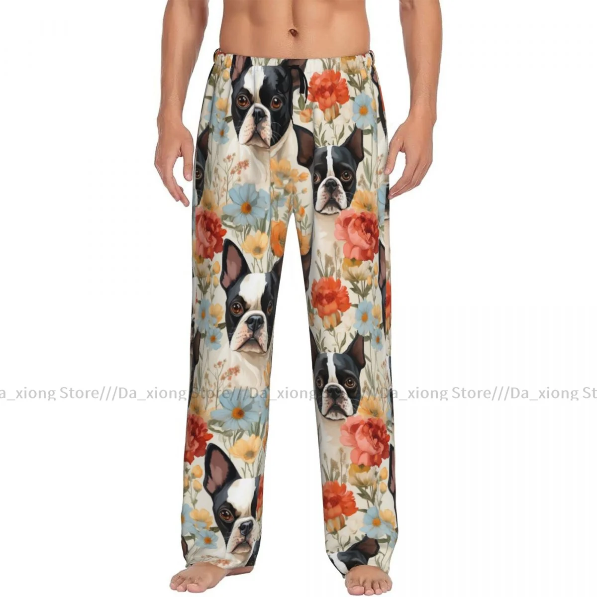 Mens Casual Pajama Long Pant Loose Elastic Waistband French Bulldog And Floral Cozy Sleepwear Home Lounge Pants