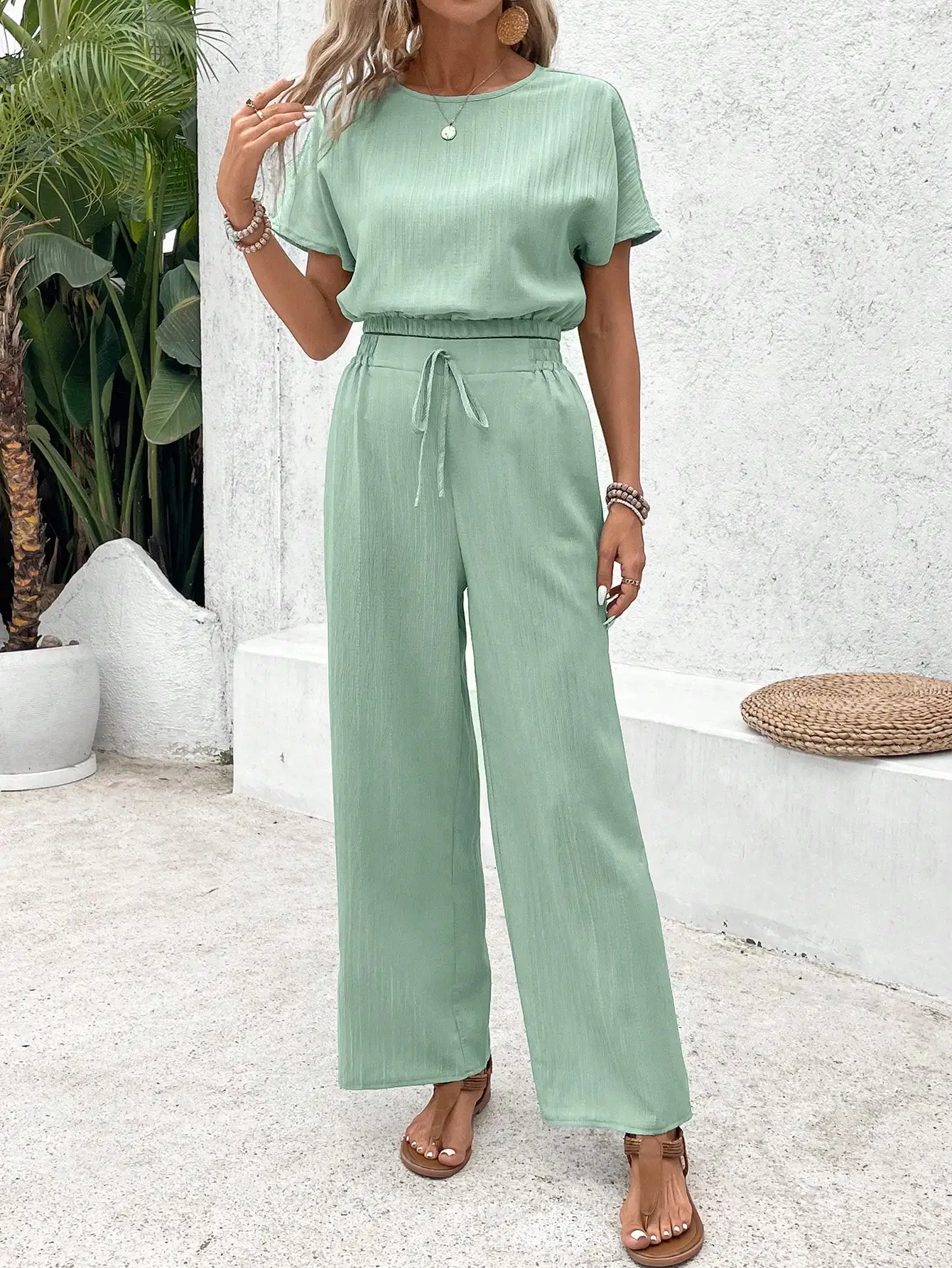 Women's Loose Fit Solid Green Two-Piece Set with Drawstring Waist