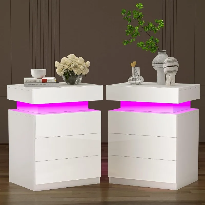 Set of 2 with LED, End Tables with 3 Drawers and I Flapping Top Box, White Nightstand for Bedroom, Living Room, Moder