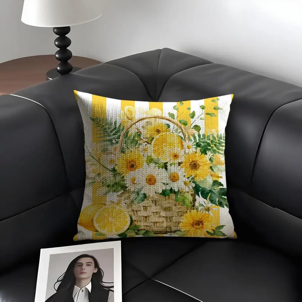 Summer Daisy Lemon Cushion Cover Natural Linen Organic Fabric Double-Sided Printing Breathable Perfect Gift For Decor