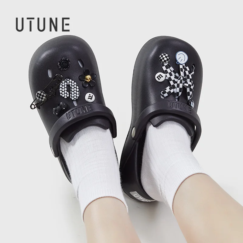 UTUNE Women\'s Mules DIY Hole Sandals for Girls Summer Platform Shoes Beach Outside EVA Slides Soft Non-slip Indoor Slippers