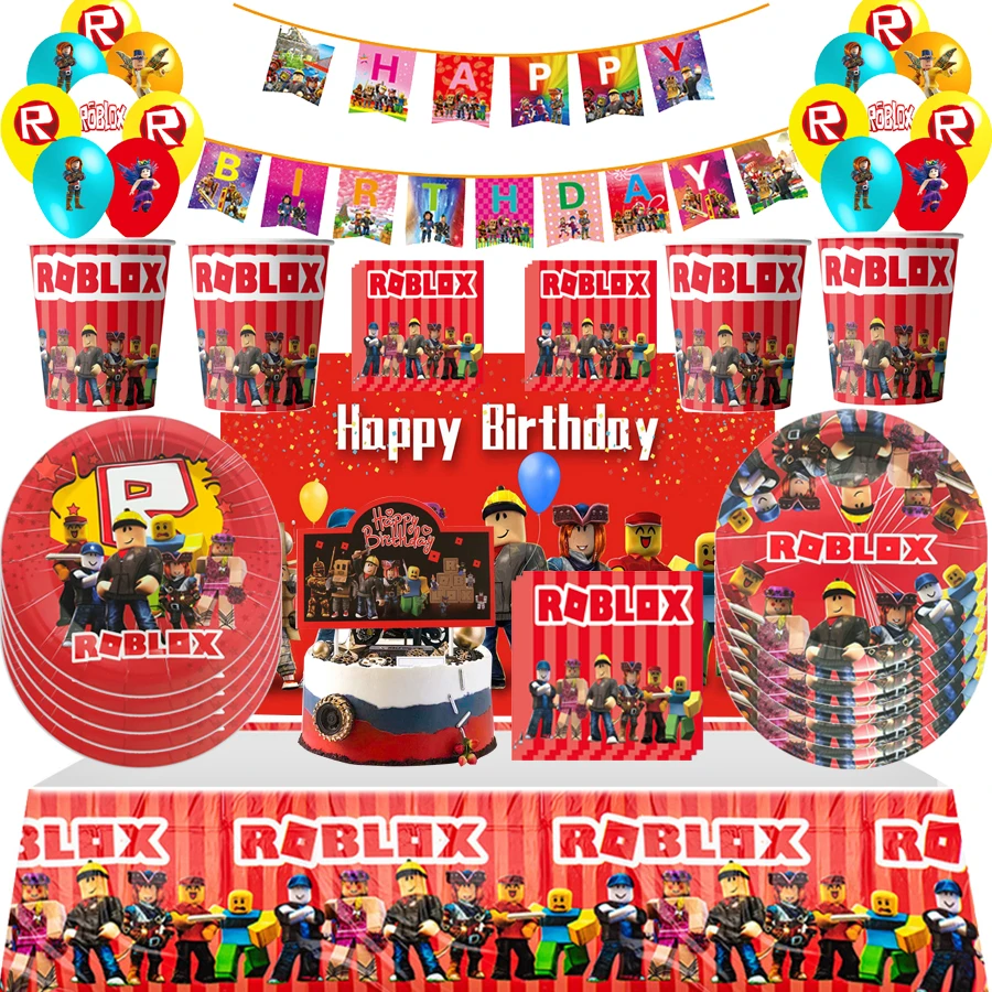 Nouveau Roblox décor de fête d'anniversaire Roblox jeu vaisselle ensemble nappe gobelets en papier décoration de gâteau sac cadeau bannière ballons faveur de fête