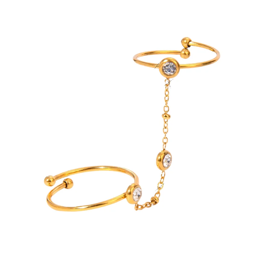 Stainless Steel Gold Color Double Finger Link Chain Rings for Women Luxury CZ Zircon Connecting Ring Fashion Jewelry Gifts