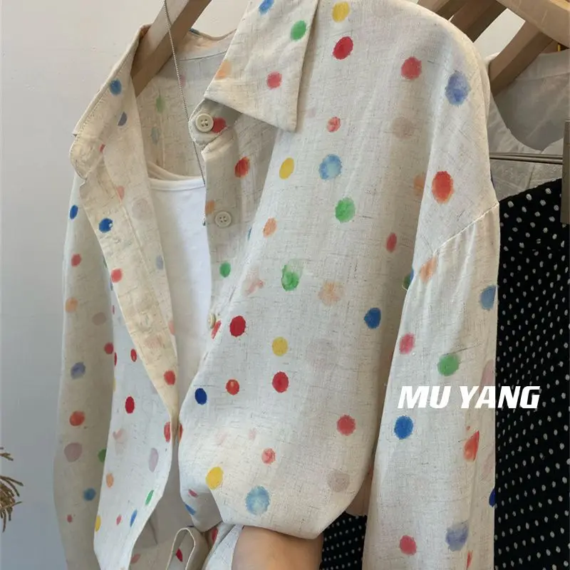 Small Fresh Colorful Polka Dot Cotton Comfortable Material Long-sleeved Shirt Polka Dot Thin Shirt Top