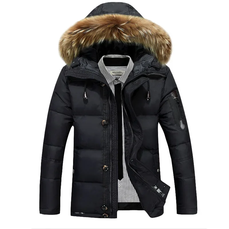 Nuevos abrigos de invierno con cuello de piel y capucha para hombre, abrigos informales de plumón de pato, chaquetas cálidas impermeables a prueba de viento de calidad para hombre, talla