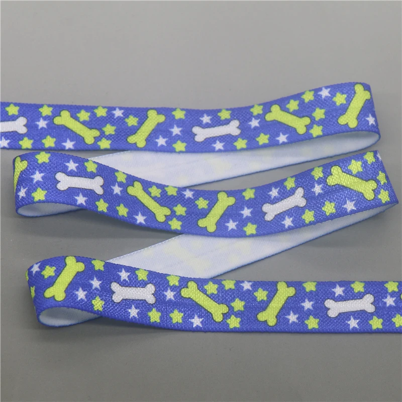 DHK 5/8\'\' 5yards Dog Cat Paw Bone Printed Fold Elastic FOE Stretch Ribbon Hairbow Headwear Accessories Craft DIY Sewing C2006