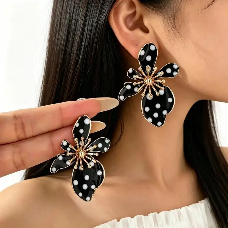Black Flower Shaped Dangle Earrings White Faux Pearl Polka Dot Gold Tone Details For Parties Dates Daily Wear