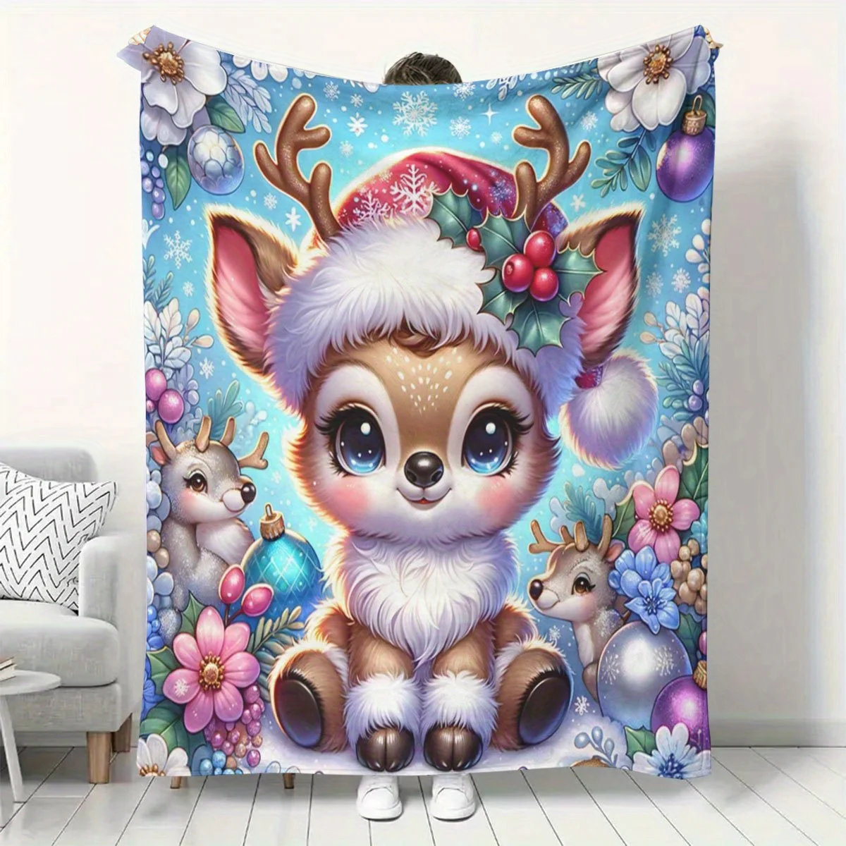 Cartoon-Themed Christmas Reindeer Flannel Blanket, Perfect for Napping in Dorms Or Offices. A Printed Fleece Throw That Makes a