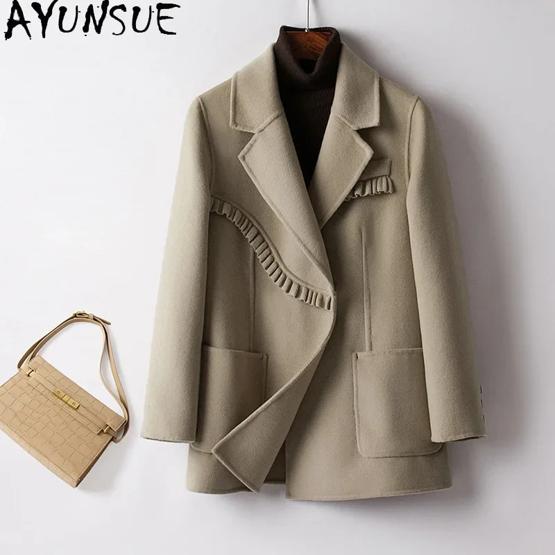 

AYUNSUE Elegant Double-sided Wool Coat Women 2023 Autumn Winter 100% Wool Coats Korean Fashion Slim Blazers Mid-length Jaquetas