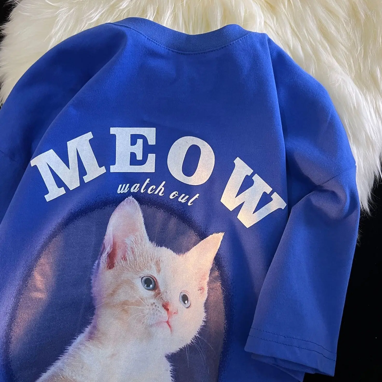 Women Clothing Cute Cat Animal Pattern Short Sleeved T-shirt Men and Women Loose National Niche Couple Half Sleeved Harajuku