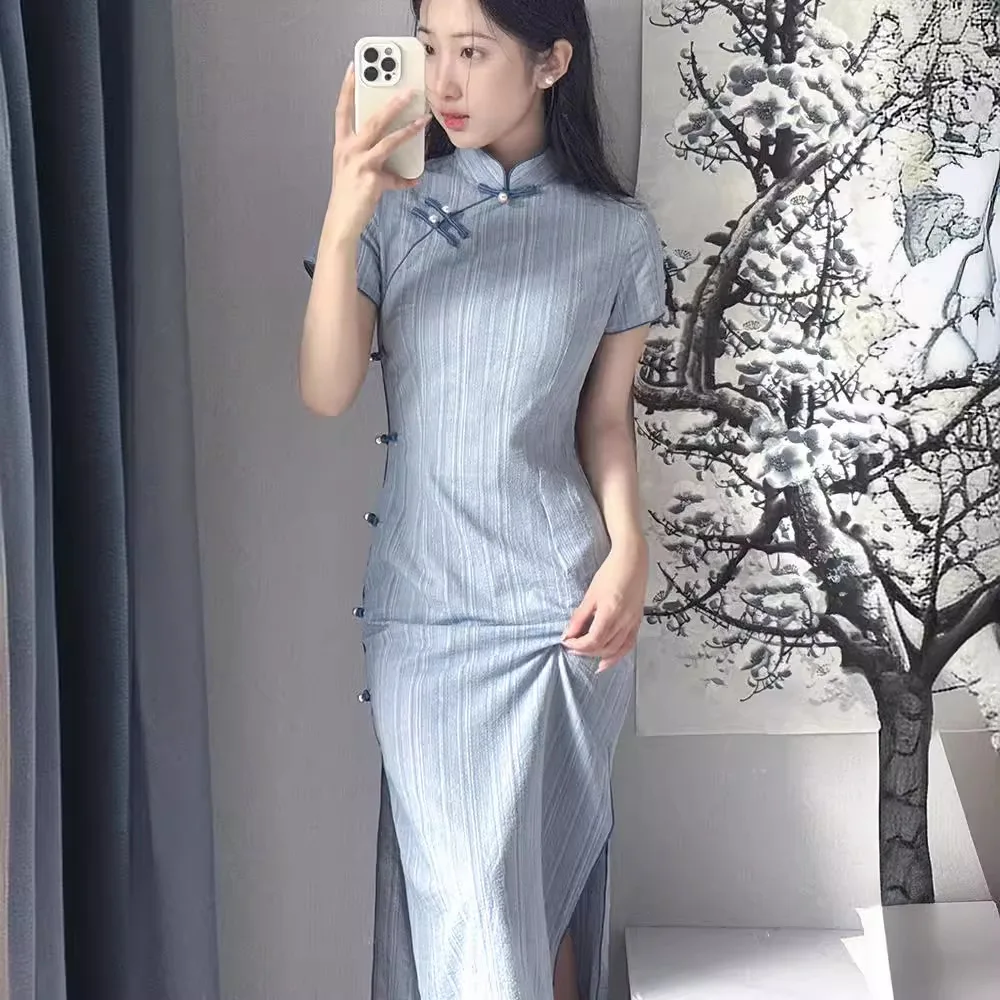 Robe traditionnelle chinoise qipao à rayures pour femme, tenue d'été longue, bleue, en coton, vintage, améliorée, S2576