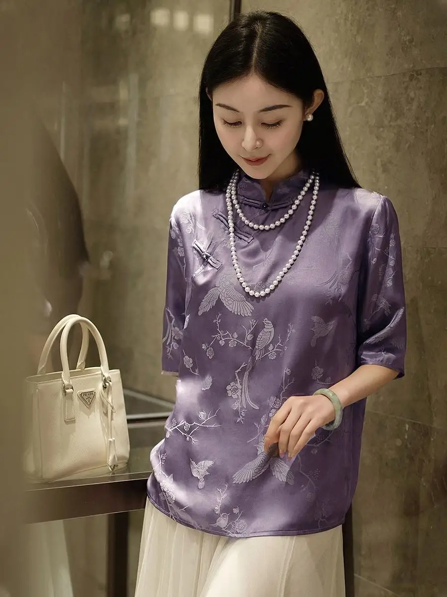 Look Very Happy Purple Frog Tops Women Summer Vintage Short Sleeve Printing Chinese Style Loose Stand Collar All-match Shirt