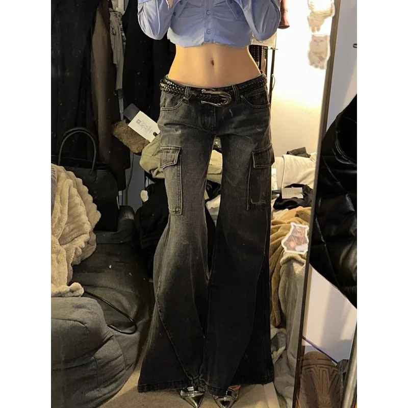 QWEEK Y2k Vintage Flare Cargo Jeans Woman American Retro Low Waist Black Denim Pants Streetwear Grunge Gothic New Trousers