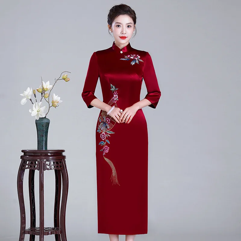 

Женское свадебное платье с вышивкой Yourqipao, длинное платье для матери невесты, платье в стиле Ципао, платье для выпускного вечера, юбка для гостей невесты