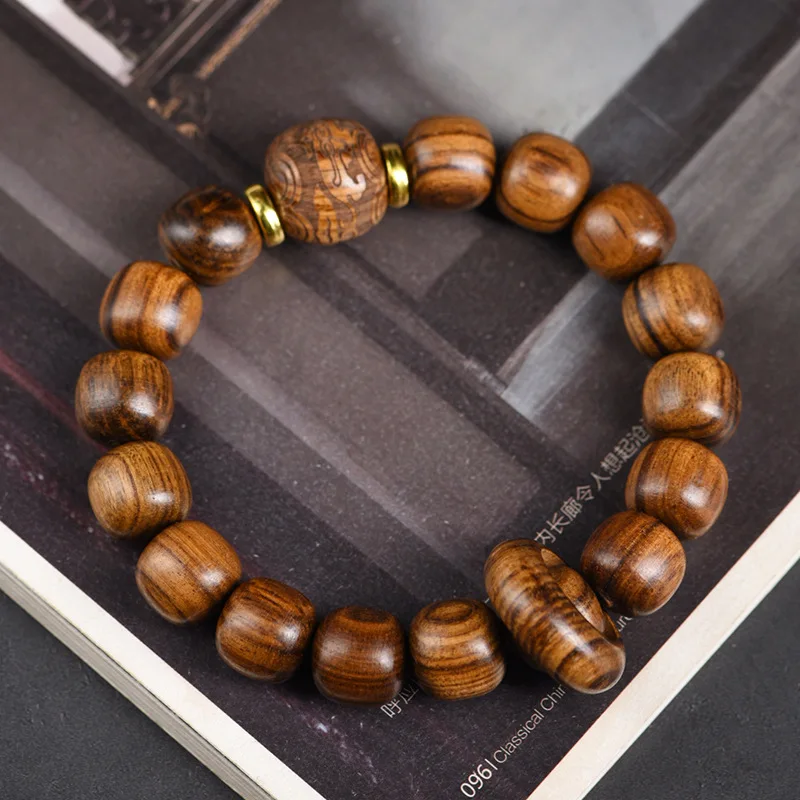 Black rosewood vintage-style Buddhist bead bracelet with a running ring accessory, carved for attracting wealth and treasures, s