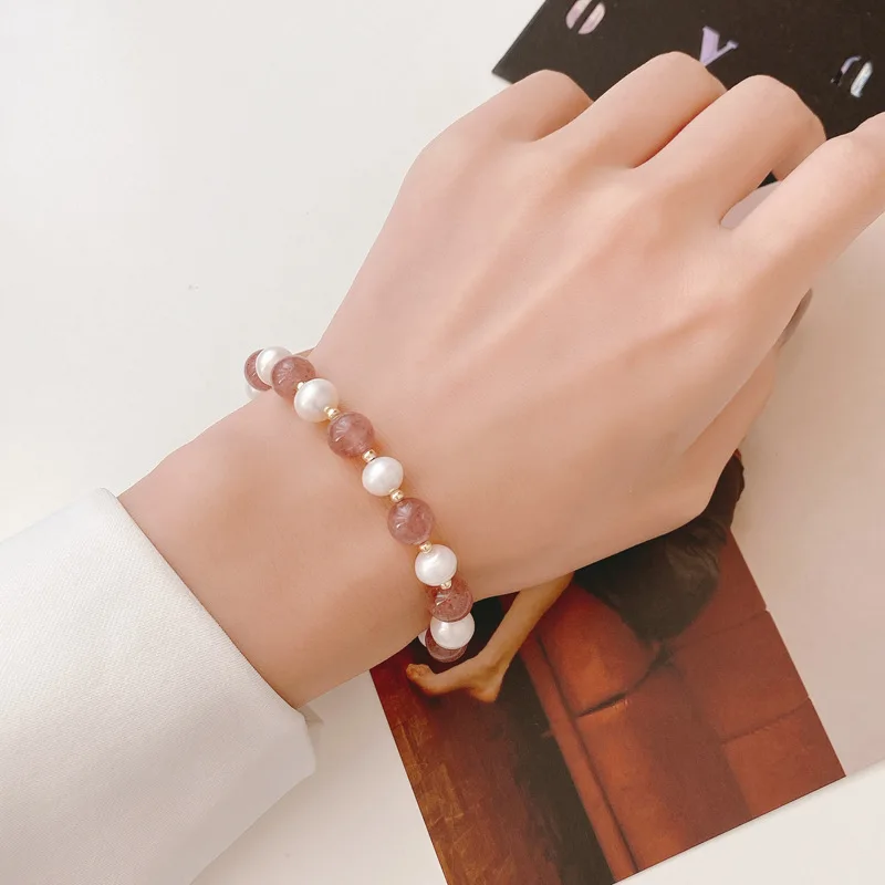 Original Jewelry Fashion Freshwater Pearl & Strawberry Quartz 14K Gold Filled Female Bracelet For Women Birthday Gifts No Fade