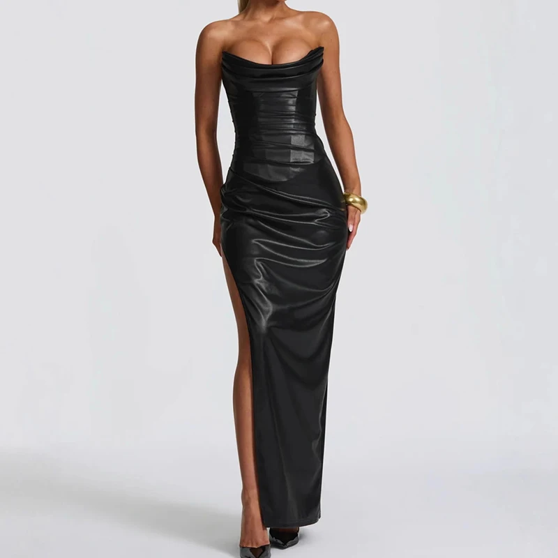 Vestido Sexy de cintura alta sin tirantes para mujer, vestido largo informal con abertura lateral de Color sólido, vestido de banquete calado con espalda descubierta a la moda