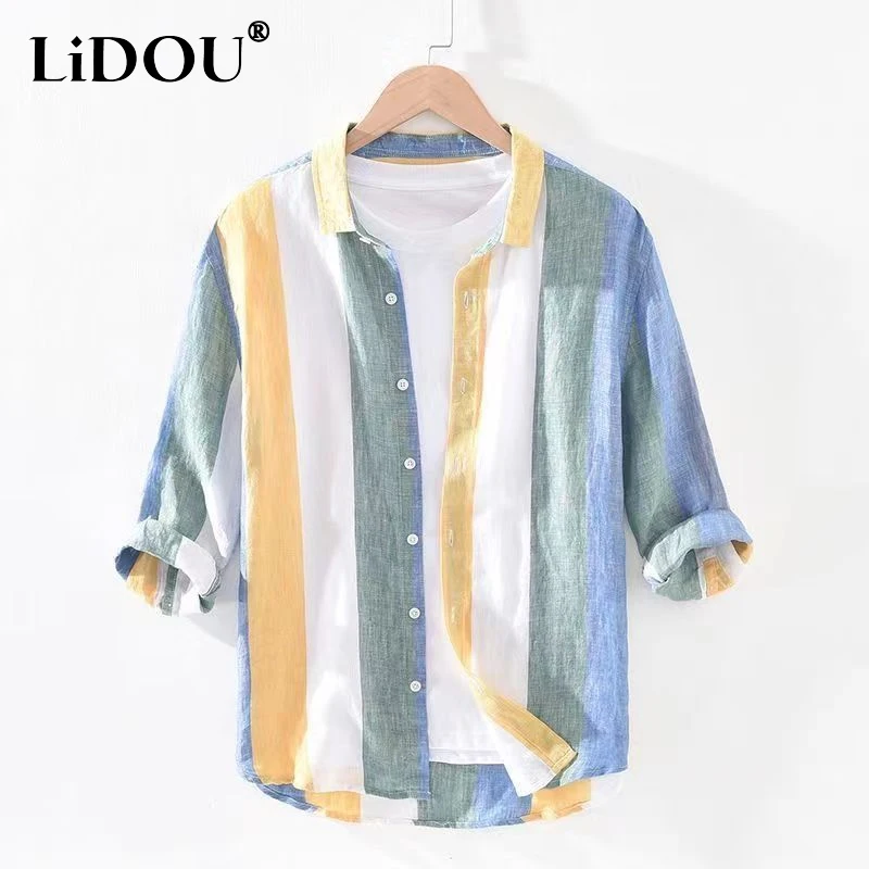 2023 Spring Autumn Turn-down Collar Three Quarter Button Fashion Striped Shirt Man Loose Casual Korean Style All-match Cardigan