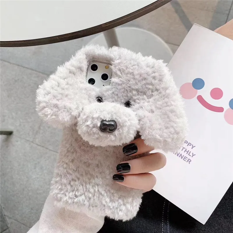 Funny Dog Plush Phone Case for IPhone 12 Pro Max 14 13 11 X XS XR 8 7 6 6S Plus SE 2020 5S Cute Warm Winter Fur Covers Case