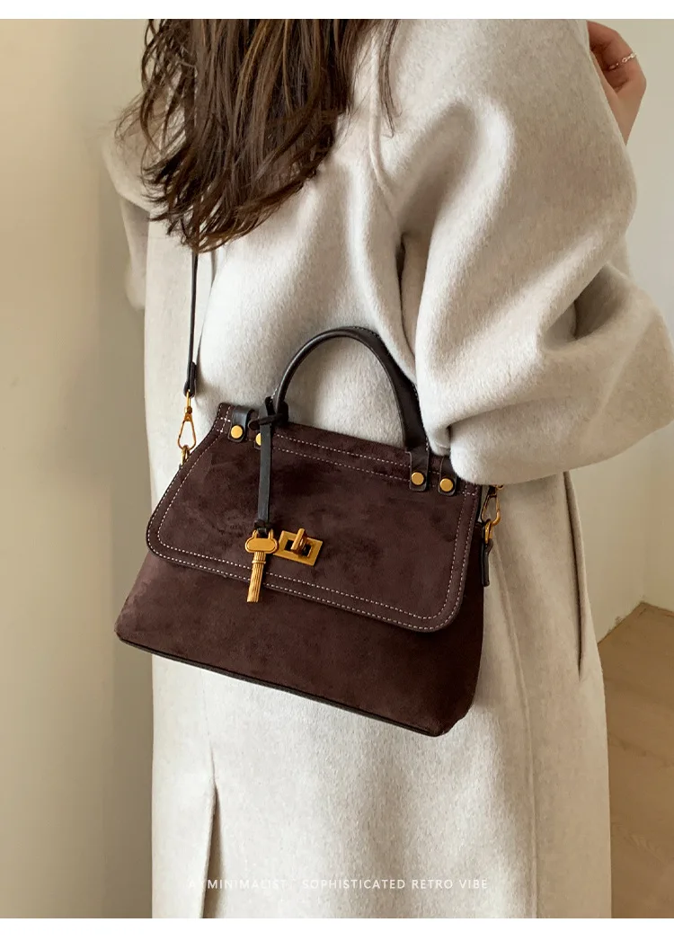 

Women's Retro Suede Handbag - Elegant Minimalist Small Bag with Luxury Feel