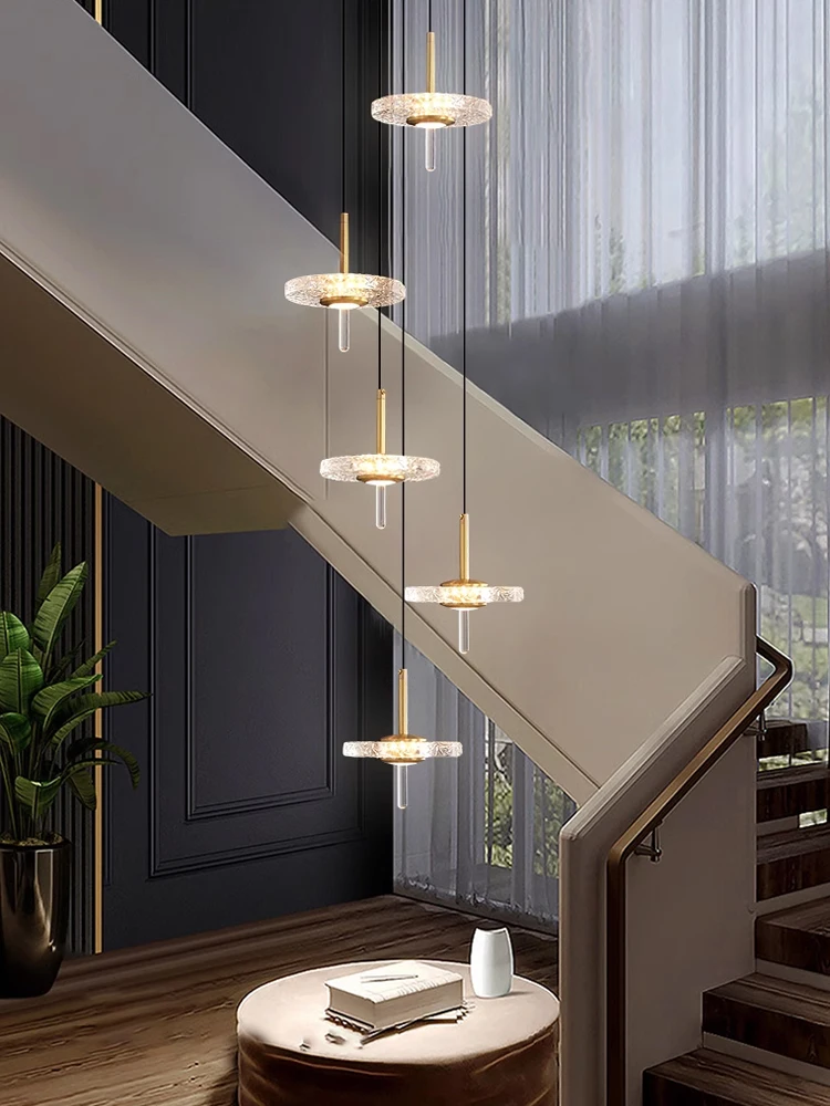 LED Rotating Staircase Pendant Light, Luxo moderno, todo o cobre, Luz longa pendente, Luz suspensa, Villa Loft, Sala de estar