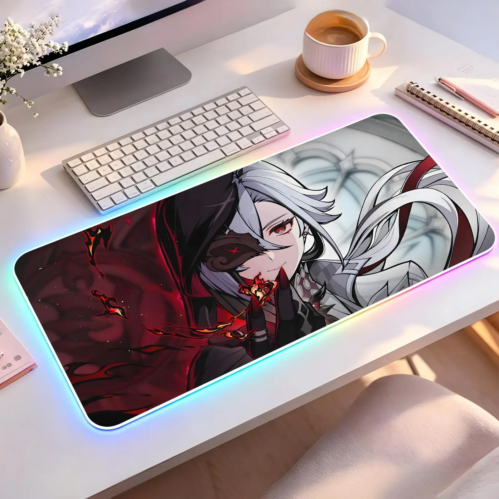 Genshin Impact Arlecchino  Large RGB backlit esports gaming mouse pad, smooth soft cloth surface, LED luminous extended desk mat