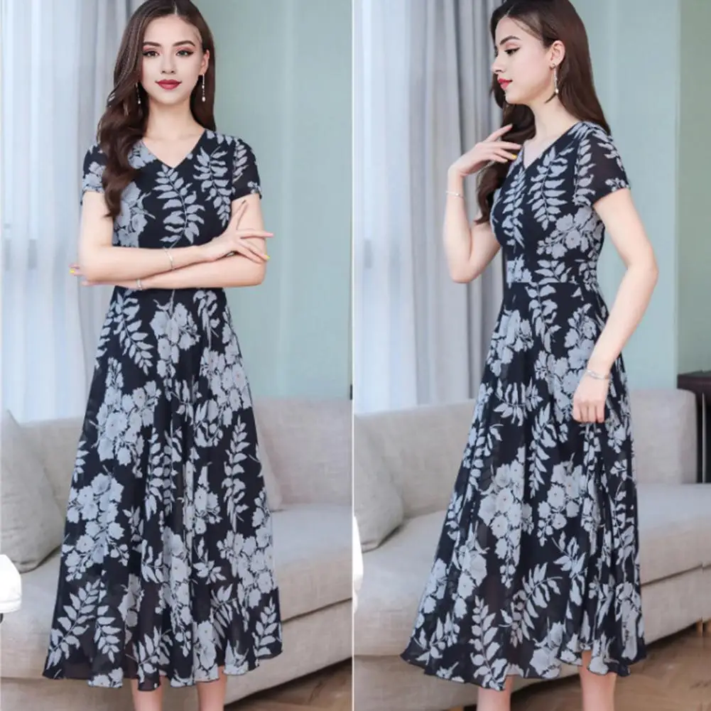 

Lightweight Printed Dress Printed Dress Elegant V-neck Midi Dress with Flowy Hem Leaf Print Office Soft Lightweight Cotton Blend