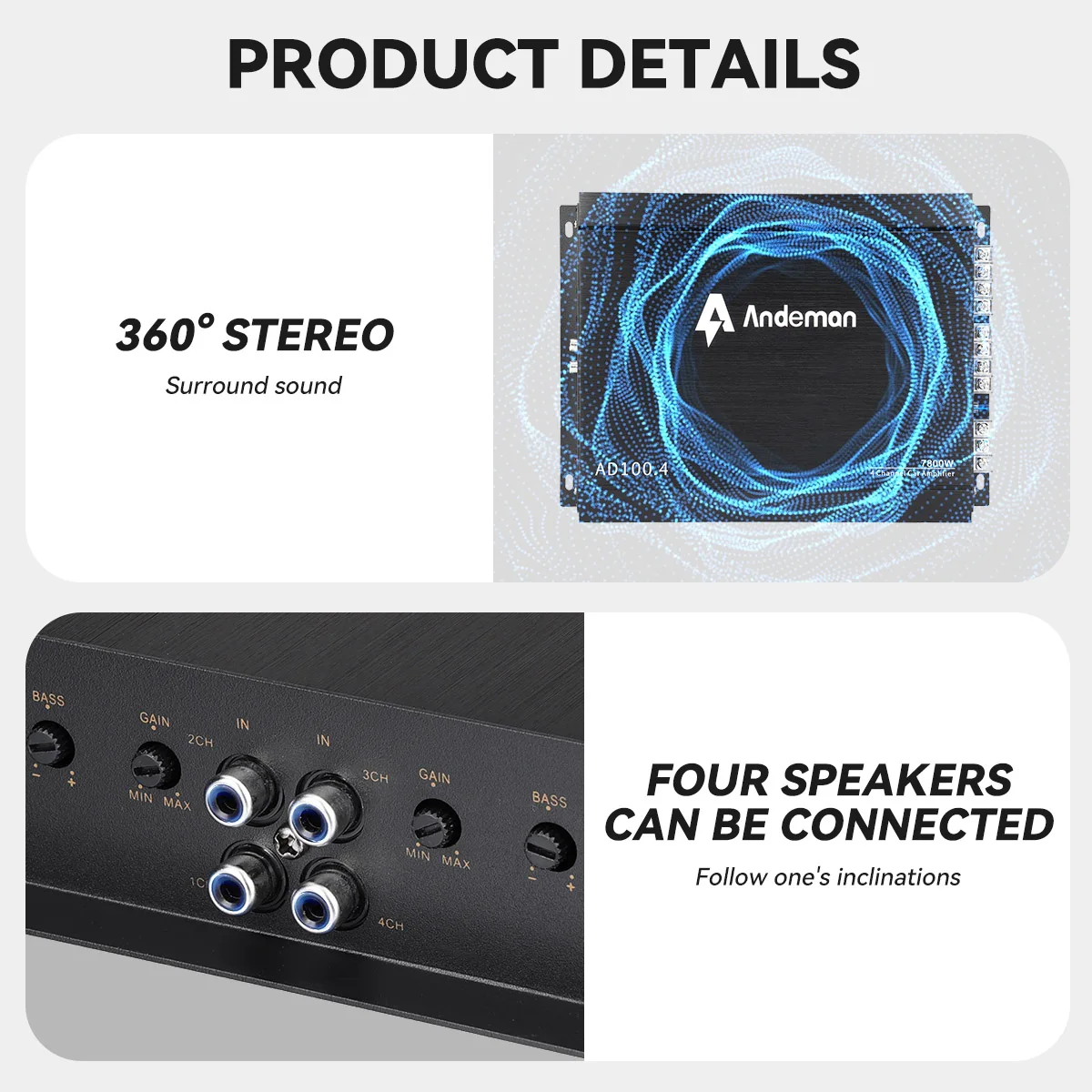 Picture 3: Andeman Car Amplifier 7800W Peak Power A/B Class 4-Channel 200W RMS 12V-13.8V High Performance Audio Amplifier