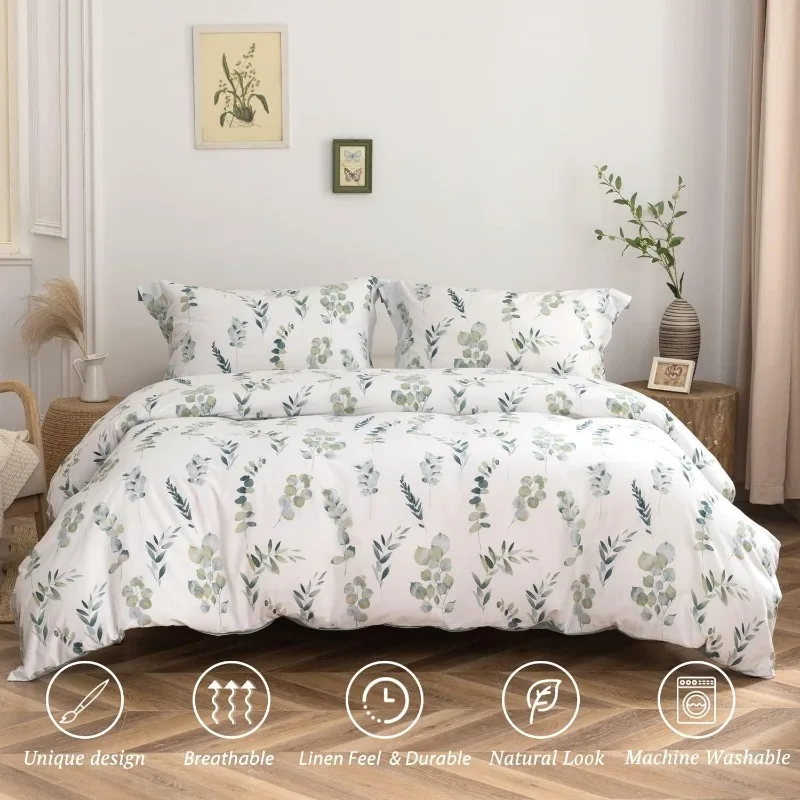 Duvet Cover Leaf Pattern - 100% Washed Cotton Navy Blue Leaves Printed Watercolor Comforter Cover Set Linen Feel Bedding