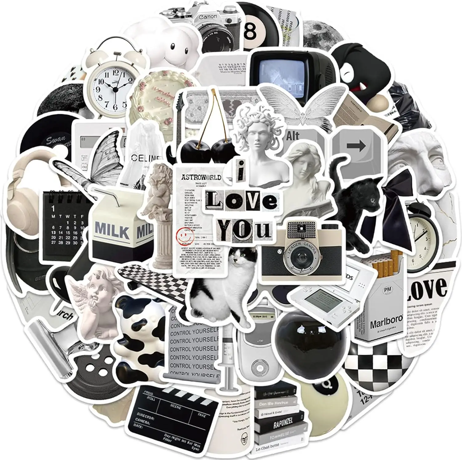 

Aesthetic VSCO Stickers for Water Bottles,Black and White Simple Vinyl Sticker for Laptop,61Pcs DIY